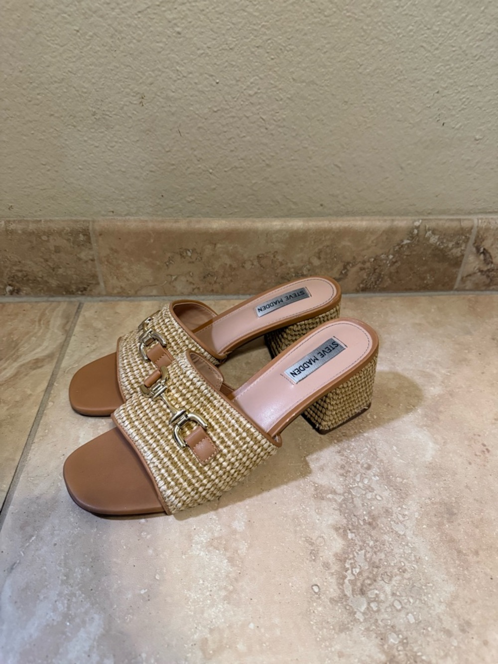 Steve Madden Beige Woven Buckle Block Heel Mules